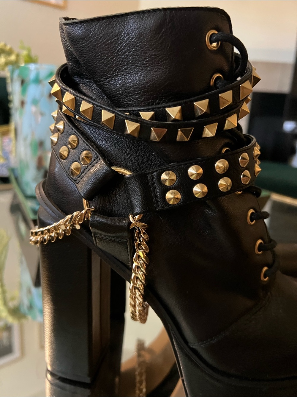 Women's Black Leather Studded High-Heel Ankle Boots with Gold Chains